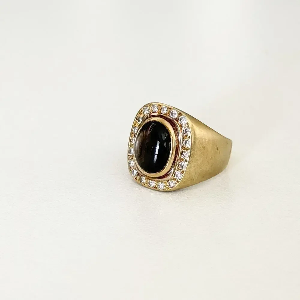 Vintage 14K Yellow Gold West Germany Smoky Cabochon Diamond Chunky Ring Sz 7.25